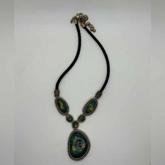 Chico’s Faux Turquoise Short Necklace with lobster clasp and brown cording - Picture 5 of 10